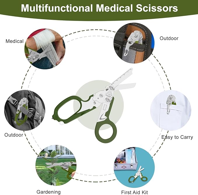 6 in 1 trauma shears, folding emergency shear, Outdoor Camping Tools, Seat Belt Cutter, Oxygen Cylinder Wrench, Complimentary Adjustable Wrench (Electroplating Black Army Green)