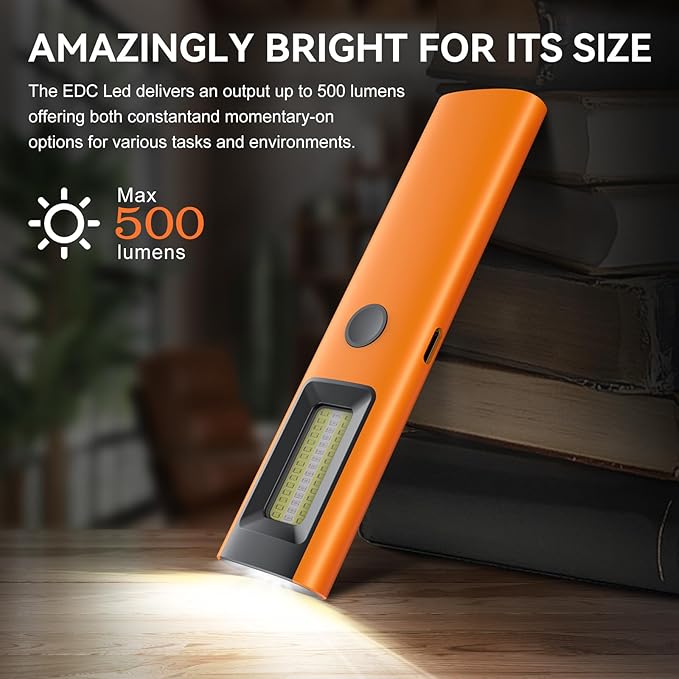 3IN1 EDC Pocket LED Flat Flashlight, USB-C Rechargeable 500 Lumens Compact Bright Handheld Flash Lights, Aluminum Alloy Material with Magnet for Hiking Work and Emergency (Orange)