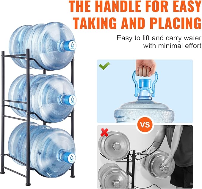 VEVOR 5 Gallon Water Jug Holder, 3 Tiers Water Bottle Holder, Heavy Duty Water Bottle Rack with 3 Slots, Detachable Water Jug Stand for Kitchen, Office, Living Room- Black
