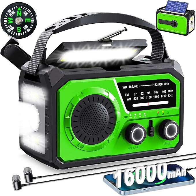 16000mAh Hand Crank Emergency Weather Radio with Wireless Speaker, 59200mWh NOAA AM FM Solar Radio with Flashlight Cell Phone Charger Reading Lamp Compass SOS for Camping and Survival (Light Green)