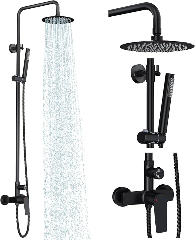 Rainsworth Outdoor Shower Kit Matte Black - Single Handle Brass Valve, 8 Inch Rain Shower Head and Handheld Spray Shower Fixture Combo, SUS 304 Stainless Steel Wall-Mounted Faucet
