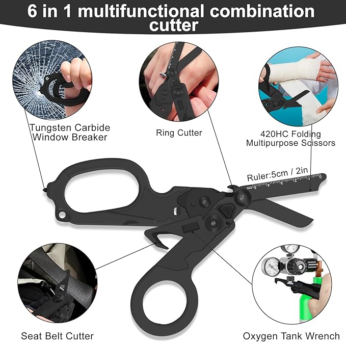 6 in 1 Multifunctional Combination Tool, Folding Retractable Emergency Shears, Outdoor Camping Tools, Seat Belt Cutter, Oxygen Cylinder Wrench, Complimentary Adjustable Wrench (Electroplating black)