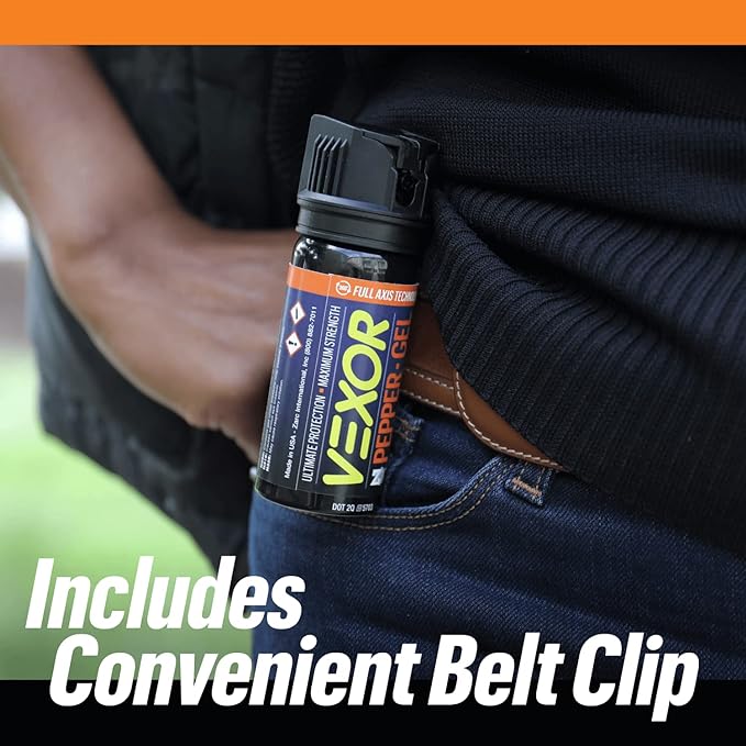 VEXOR Pepper Gel from Zarc, Maximum Strength Police Pepper Spray, Gel is The Future, Full Axis Technology Shoots from Any Angle 18-feet, Flip-top Safety