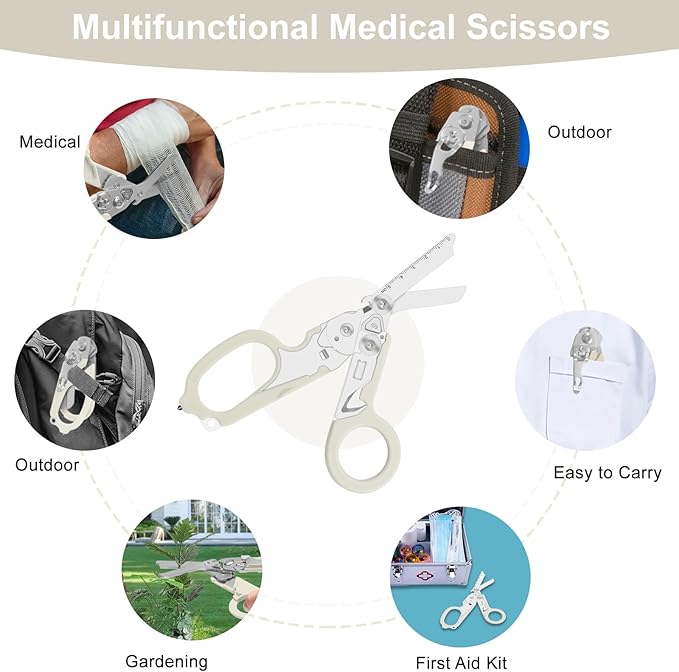 6 in 1 trauma shears, folding emergency shear, Outdoor Camping Tools, Seat Belt Cutter, Oxygen Cylinder Wrench, Complimentary Adjustable Wrench (Luminous Silver)