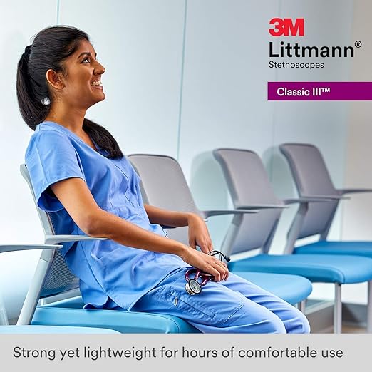 3M Littmann Classic III Monitoring Stethoscope, 5807, More Than 2X as Loud, Weighs Less, Stainless Steel Rainbow-Finish Chestpiece, 27" Caribbean Blue Tube, Brass Stem and Headset