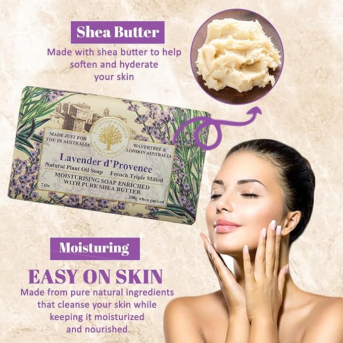 Wavertree & London Lavender Scented Natural Soap Bars (Pack of 2), 7oz Moisturizing French Triple Milled Soap Bars enriched with shea butter - Pure Plant Oil Bath & Body Bar for All Skin Types