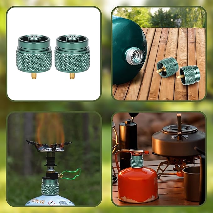 2pcs Camping Stove Adapter Propane to Butane Adapter Gas Converter 16 oz Propane Tank Input EN417 Valve Output Camp Fuel Refill Adapter for Backpacking & Hiking(Ink Green)