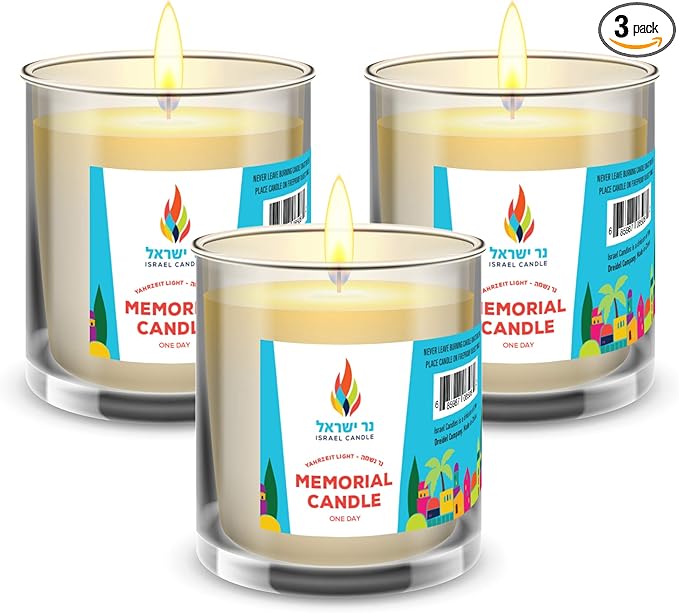 24 Hour Candles, 1 Day Glass Yahrzeit Memorial Candles (3 Pack) | Burns for Approximately 26 Hours, Good for Yizkor and Yahrzeit, 1 Day Candle in Glass Tumbler