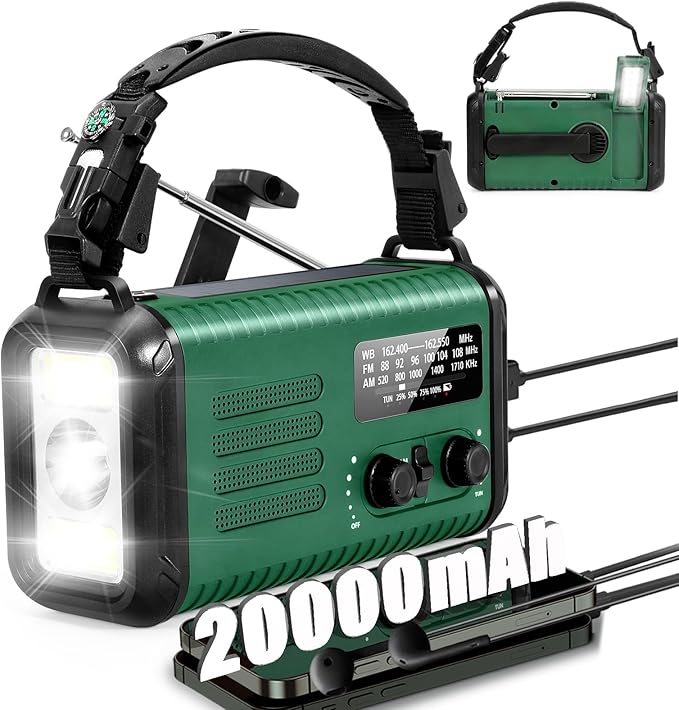 20000mAh / 74000mWh Emergency Radio, Solar Hand Crank Radio AM/FM/NOAA Weather Radio, Battery Powered with Cell Phone Charger, SOS Alarm, Flashlight & Reading Lamp for Emergencies Hurricane Camping
