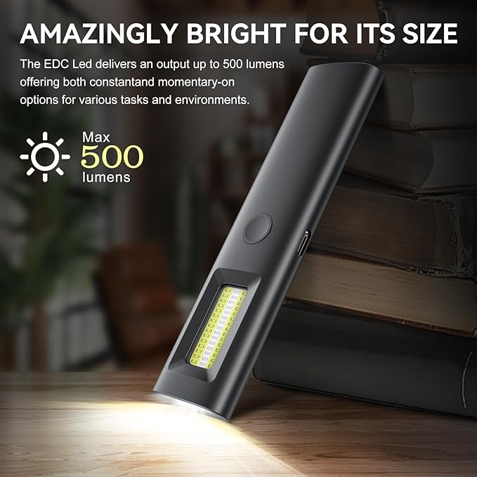 3IN1 EDC Pocket LED Flat Flashlight, USB-C Rechargeable 500 Lumens Compact Bright Handheld Flash Lights, Aluminum Alloy Material with Magnet for Hiking Work and Emergency (Black)