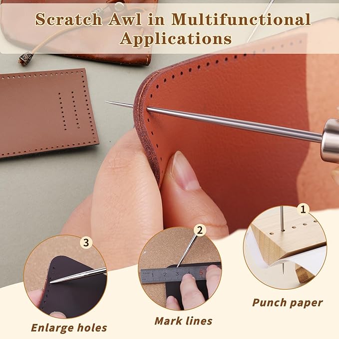 ZXIIXZ 3 Pcs Sewing Awl, Leather Scratch Hollow Hook Awl Tool Kit, Awl Tool Sewing Supplies with Gourd Shape Wooden Handle for DIY Leather Sewing Stitching Bookbinding Punching Repairing Craft