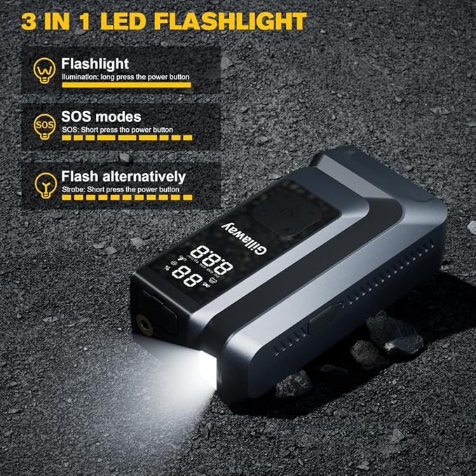 7-in-1 Jump Starter 6000A Car Jumper Starter Portable with 150PSI Portable Air Compressor, 12V Car Battery Charger, Tire Inflator, Flashlight, Power Bank