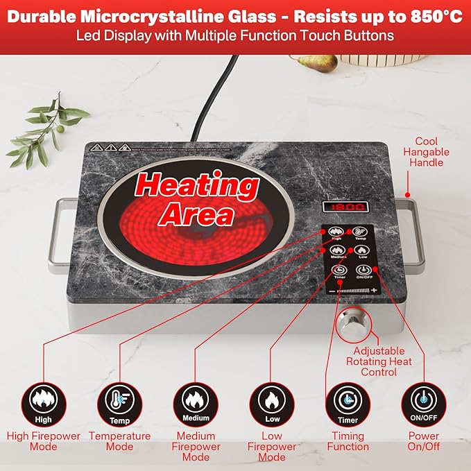 1800W Electric Infrared Stove, Single Burner Electric Cooktop, Portable Countertop Burner for Cooking, Plug in Kitchen Hot Plate, Temperature Adjustable Compact Hob Camping Stoves