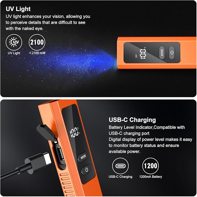 5 in 1 PRO EDC Flashlight Flat with Green Beam, UV Light, 800LM White Light LED Combo, Portable Pocket Flash Lights with Magnet for Outdoors Emergency and Work(Orange)