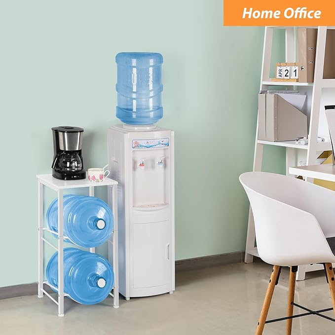 White Water Bottle Holder 5 Gallon Water Jug Holder Stand with Shelf, 5 Gal Water Cooler Jug Rack Water Bottle Storage Organizer for Living Room, Kitchen, Office, Garage