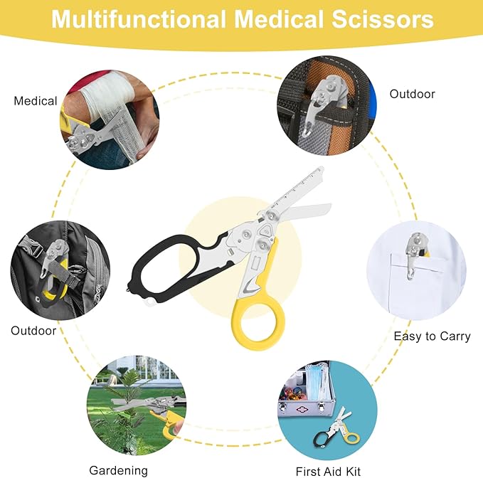 6 in 1 trauma shears, folding emergency shear, Outdoor Camping Tools, Seat Belt Cutter, Oxygen Cylinder Wrench, Complimentary Adjustable Wrench (Black Yellow)