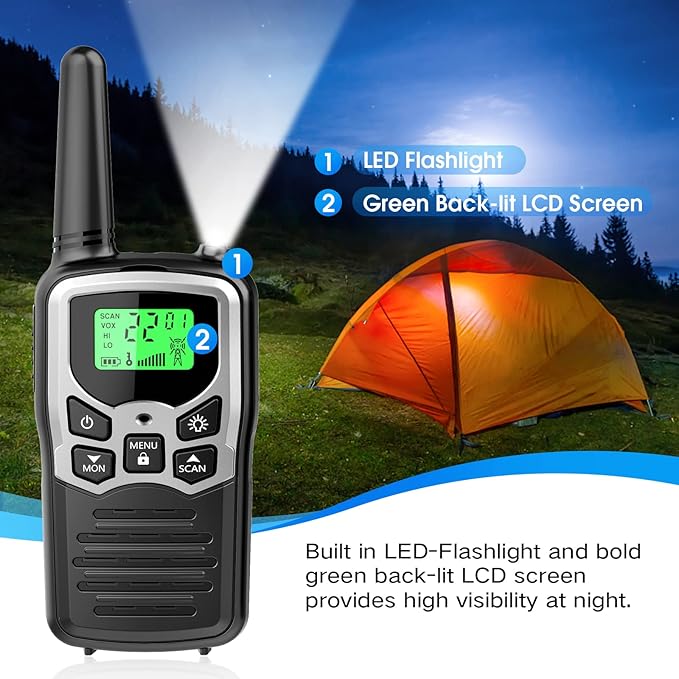 Walkie Talkies with 22 FRS Channels, MOICO Walkie Talkies for Adults with LED Flashlight VOX Scan LCD Display, Long Range Family, Radios for Hiking Camping Trip (Silver, 4 Pack)