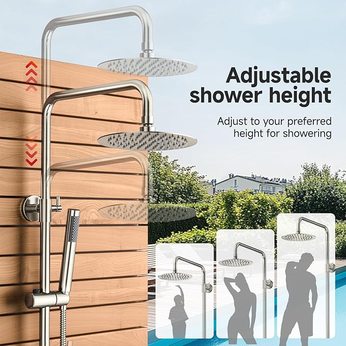 Rainsworth Outdoor Shower Kit Brushed Nickel - Single Handle Brass Valve, 8 Inch Rain Shower Head and Handheld Spray Shower Fixture Combo, SUS 304 Stainless Steel Wall-Mounted Faucet