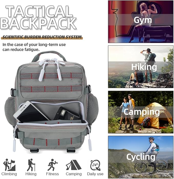 9L Mini Tactical Backpack for Men and Women, Tactical Backpack Small for Hiking, Small Tactical Bag(Grey Red)