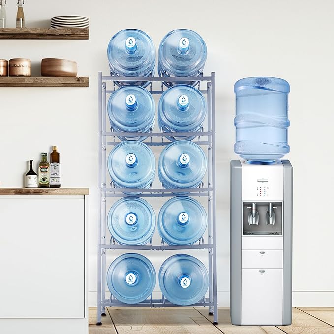 VEVOR 5 Gallon Water Jug Holder, 5 Tiers Double Row Heavy Duty Water Bottle Rack with 10 Slots, Detachable Water Jug Stand for Kitchen, Office, Living Room- Silver