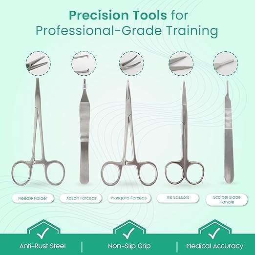 Suture Practice Kit for Medical Students | 32-Piece Complete Set with Large Suturing Pad, 5-Piece Tool Kit, Pre-Cut Wounds & Multi-Type Suture Threads | Ideal for Training & Demonstration