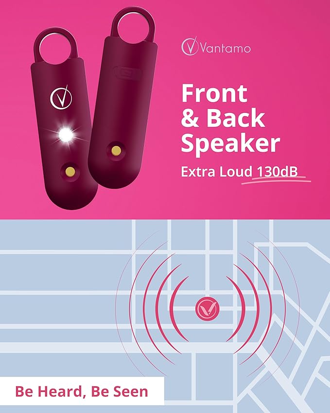 Vantamo Personal Alarm for Self Defense with Low Battery Notice, Strobe Light & Extra Loud 130 dB Double Speakers Safety Keychain Set for Women, Rechargeable Panic Button for Womens Self Defense