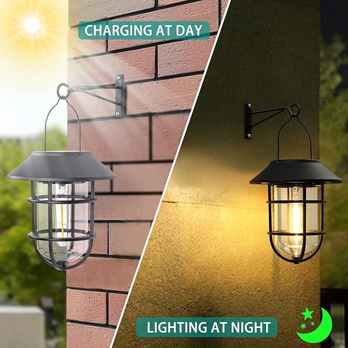 Upgrade Solar Outdoor Lights, Hanging Lantern, Waterproof Solar Lights with Wall Mount Kit for Garden Patio Porch Fence Decor 2 Pack