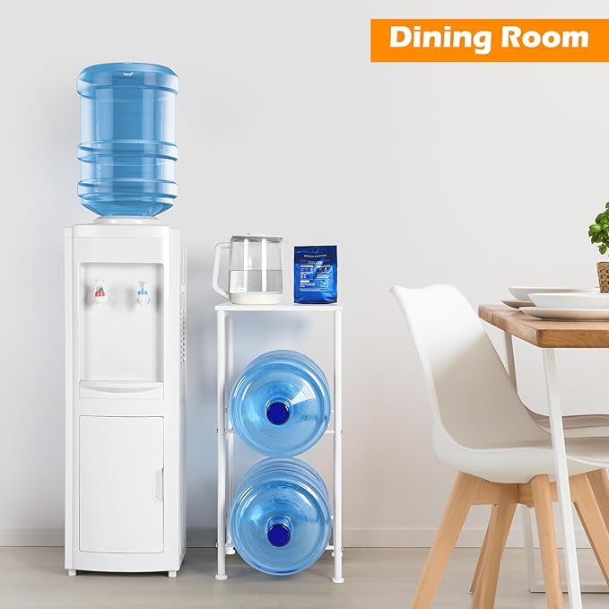5 Gallon Water Jug Holder Water Dispenser Stand with Top Shelf, 5 Gal Water Bottle Holder with 2 Slots Round Metal Frame for Kitchen, Dining Room, Office, White