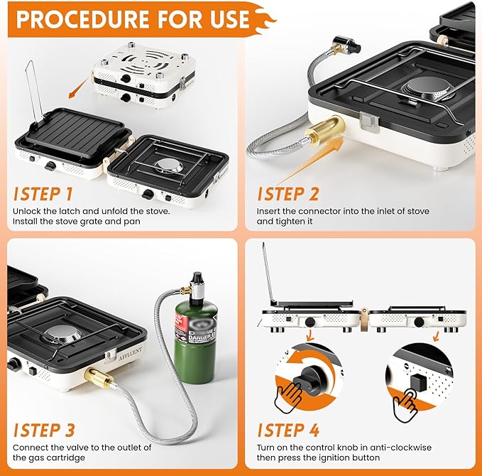 AFFLUENT 2 Burner Propane Camping Stove with Grill and Storage Bag- A Must - Have Camp Stove Propane! Foldable, Featuring Two Adjustable Burners Ideal Portable Camping Stove for Camping & BBQ(White)