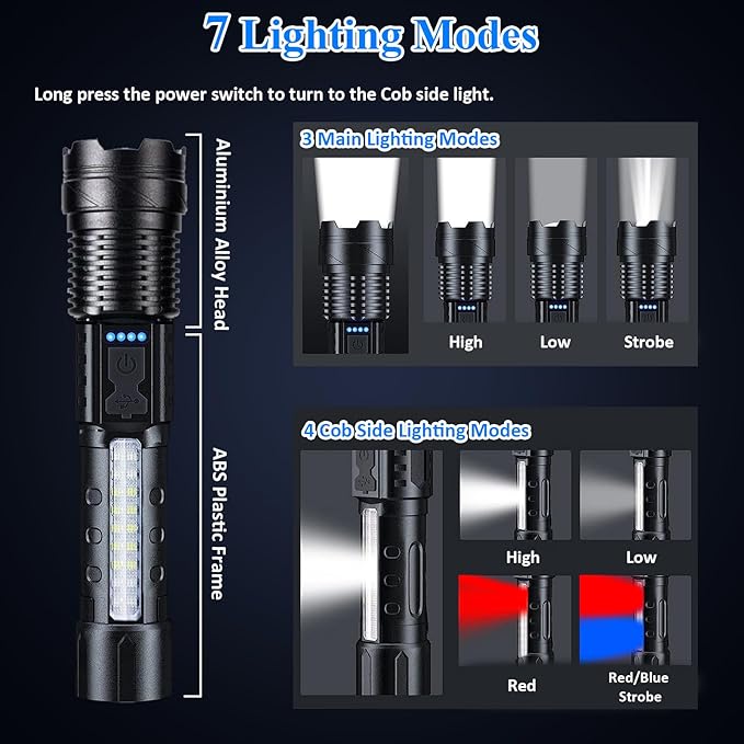 Rechargeable Flashlights 980,000L High Lumens 2 Packs, Super Bright Led Tactical Flashlight Battery Powered Handheld Flash Light with 7 Light Modes, USB C, Waterproof, Zoomable