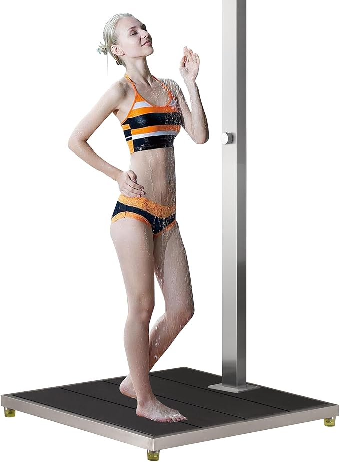 33 * 30" Plastic Wood with Stainless Steel Frame Dark Grey Outdoor Shower Stand Platform, Mount Outdoor Shower Without Using Concrete&Without Calling Plumber, Make Outdoor Shower Movable