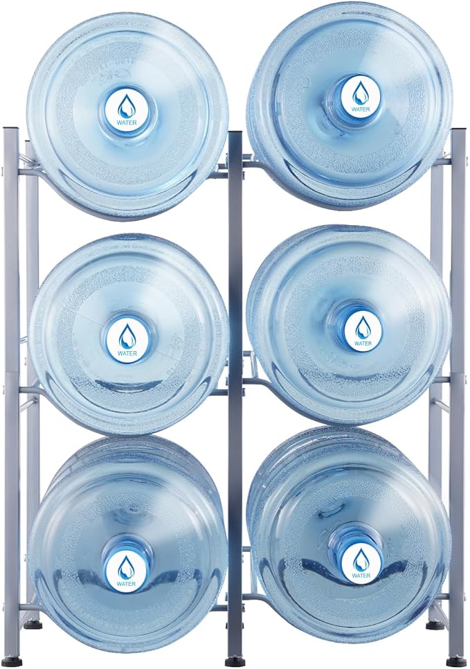 VEVOR 5 Gallon Water Jug Holder, 3 Tiers Double Row Heavy Duty Water Bottle Rack with 6 Slots, Detachable Water Jug Stand for Kitchen, Office, Living Room- Silver