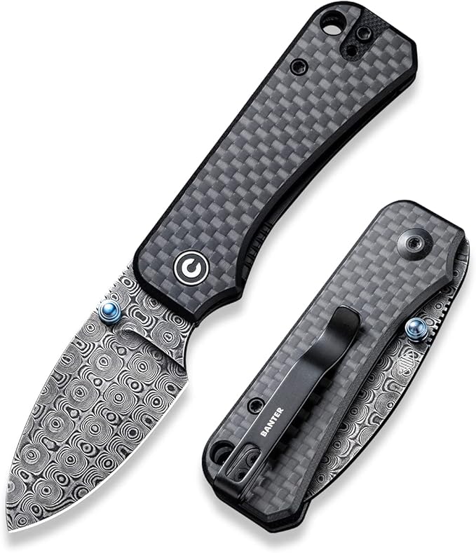 CIVIVI Small Pocket Knife for EDC, Ben Petersen Folding Knife Baby Banter with 2.34" Damascus Blade Carbon Fiber Overlay on G10 Handle, Titanium Thumb Stud Opener C19068S-DS1