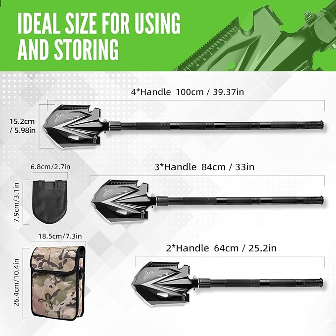 Zune Lotoo Tactical Shovel Survival Tool, 18 in 1 Small Camping Shovel Folding Multitool Compact Entrenching Tool Heavy Duty for Hiking Backpack Emergency Spade Lightweight Car Truck Gift Survivalist
