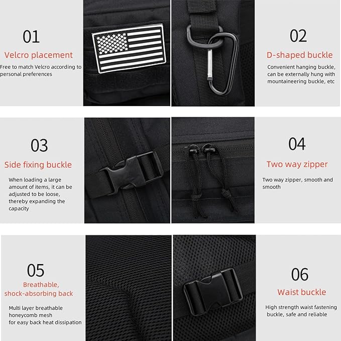 45L Military Tactical Backpack for Men & Women Bug Out Bag Assault pack Molle Daypack Hiking Trekking Rucksack(Black)