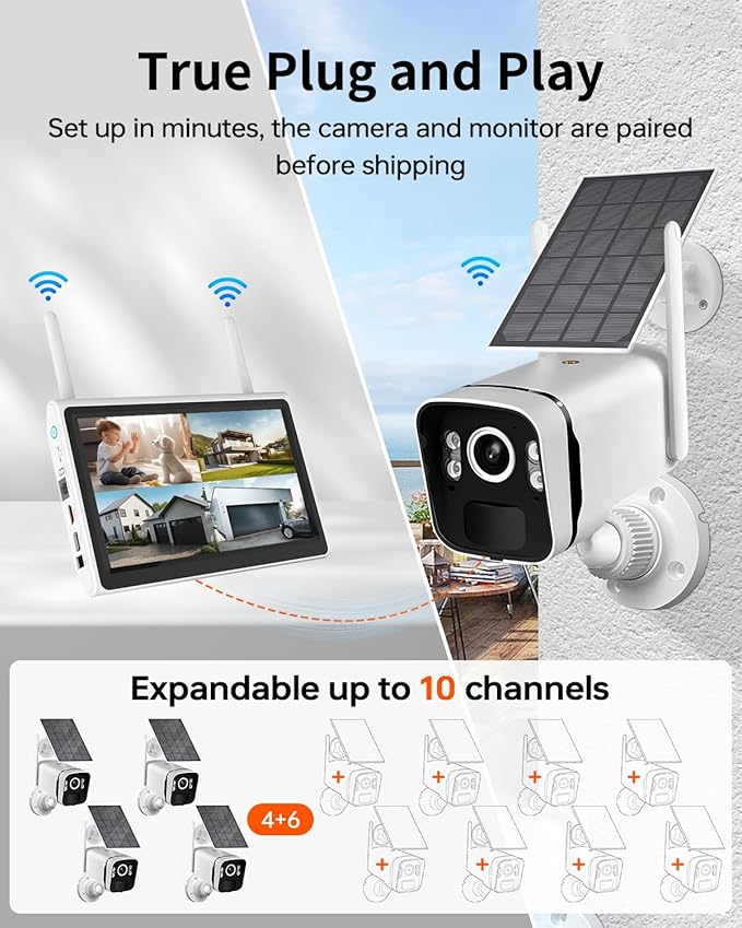 4MP Solar Powered Security Camera Outdoor Wireless System with 10" Monitor, 5G/2.4G WiFi 4PCS Outdoor Battery Camera with Solar Panel10CH Home Security System AI Human Detection 2-Way Audio