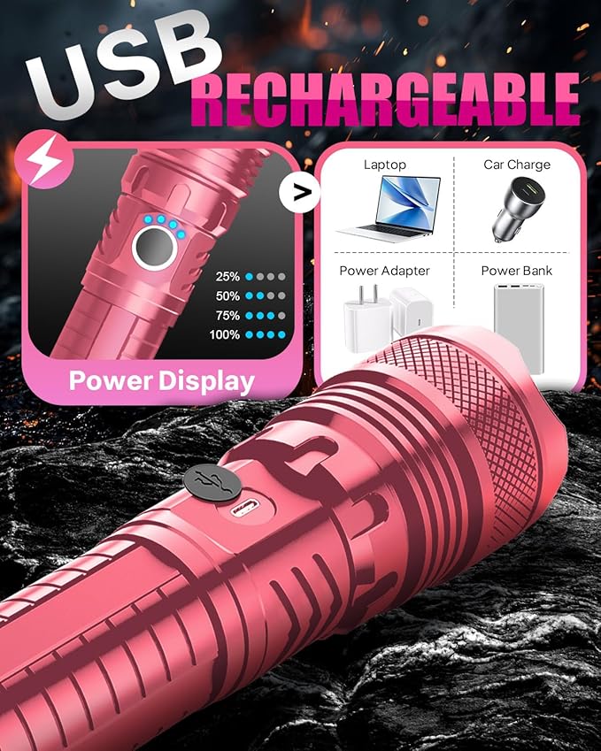 Victoper Pink LED Flashlights, High Powered High Lumens Super Bright Tactical Flashlight, Rechargeable, 5 Modes Zoomable Waterproof Flash Lights for Emergency, Home, Camping, Hiking