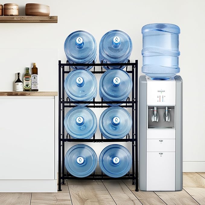 VEVOR 5 Gallon Water Jug Holder, 4 Tiers Double Row Heavy Duty Water Bottle Rack with 8 Slots, Detachable Water Jug Stand for Kitchen, Office, Living Room- Black
