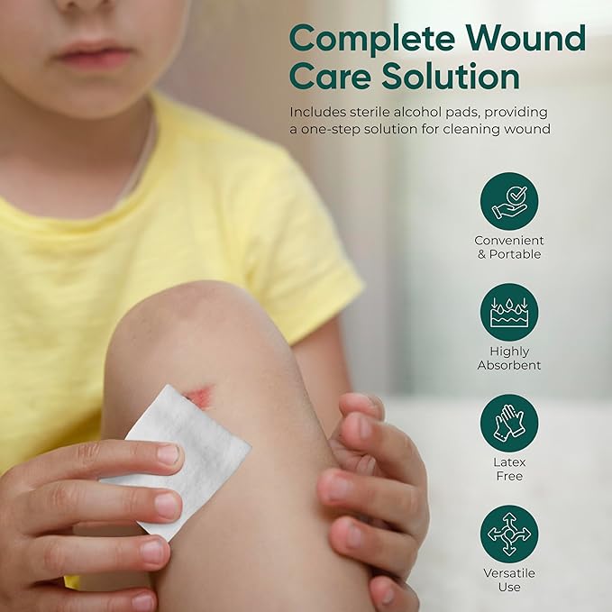 100 pc Large Gauze Pads 4x4 Sterile for Wounds Bulk | Includes 15 Alcohol Wipes & 1 Medical Tape | Non Stick Gauze Pads Sponges | Breathable Mesh First Aid Medical Supplies for Wound Care