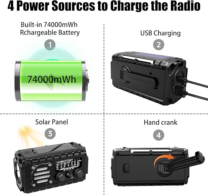 20000mah Hand Crank Emergency Radio,SW/NOAA/AM/FM Weather Radio, Solar Powered Hand Crank Chager with Bige Batery Powered,Portable,Cellphone Charge,SOS,Flashlight for Emergency/Home (Black)
