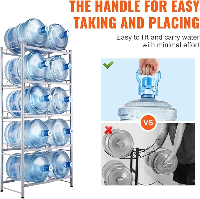 VEVOR 5 Gallon Water Jug Holder, 5 Tiers Double Row Heavy Duty Water Bottle Rack with 10 Slots, Detachable Water Jug Stand for Kitchen, Office, Living Room- Silver