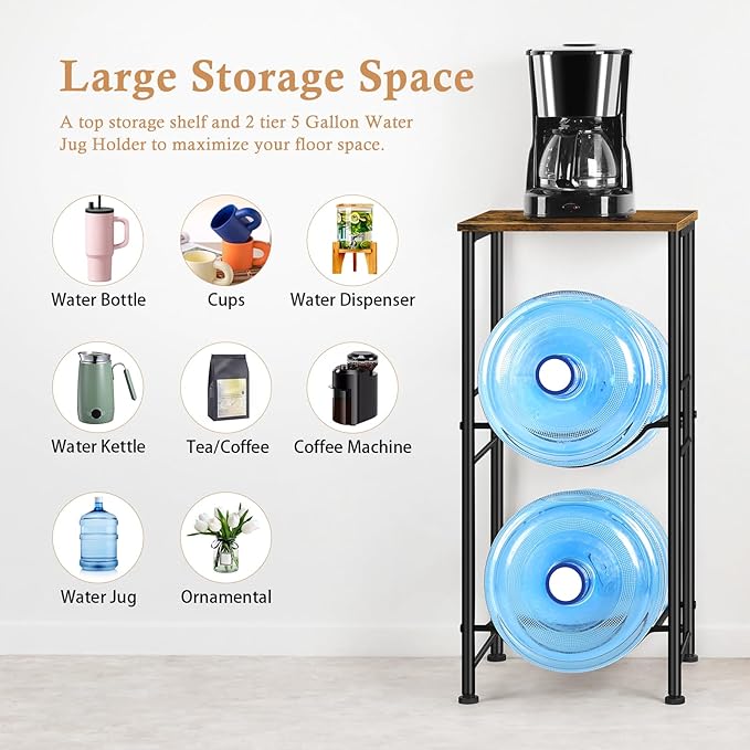 Water Jug Holder 5 Gallon Water Bottle Storage Rack Water Dispenser Stand with Top Shelf 5 gal water Jug Storage Rack for Kitchen, Dining Room, Office, Rustic Brown