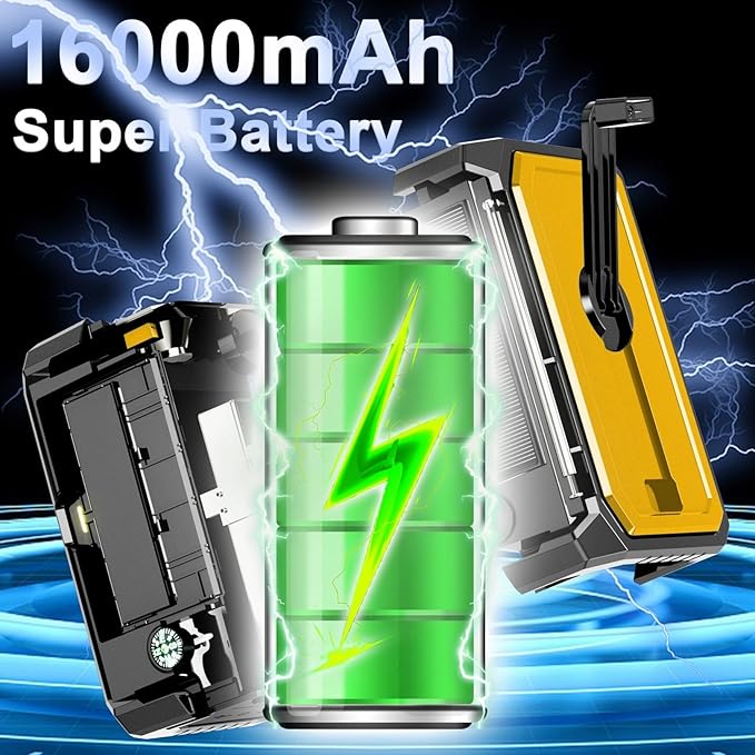 16000mAh Hand Crank Emergency Weather Radio with Wireless Speaker, 59200mWh NOAA AM FM Solar Radio with Flashlight Cell Phone Charger Reading Lamp Compass SOS for Camping and Survival (Yellow)