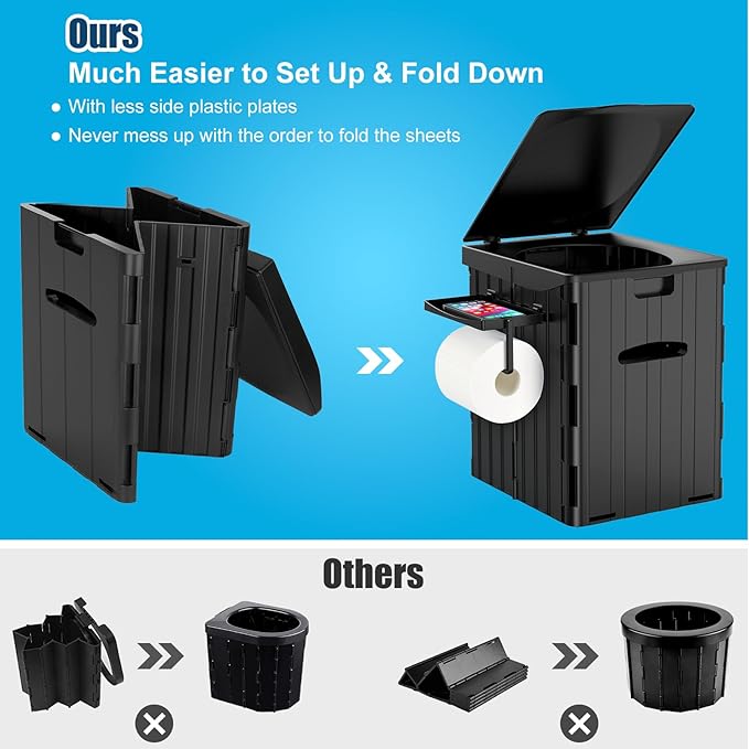 XL Portable Toilet for Adults, 15.4" H Foldable Camping Toilet with Detachable Phone Shelf and Toilet Paper Holder, Waterproof Porta Potty with Lid for Hiking, Long Road Trips, Car