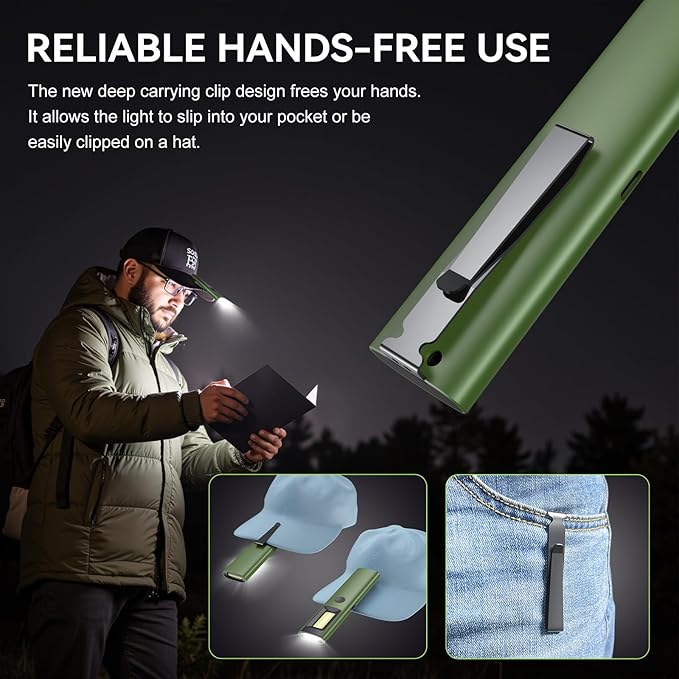 3IN1 EDC Pocket LED Flat Flashlight, USB-C Rechargeable 500 Lumens Compact Bright Handheld Flash Lights, Aluminum Alloy Material with Magnet for Hiking Work and Emergency (Green)