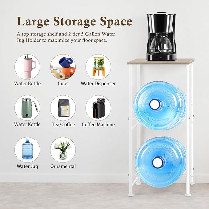 5 Gallon Water Jug Holder Water Cooler Dispenser with Top Shelf, 5 Gal Water Bottle Holder with 2 Slots Metal Frame for Kitchen, Dining Room, Office, Light Grey