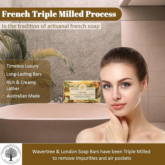 Wavertree & London Havana Scented Natural Soap (2 Bars), 7oz Moisturizing French Triple Milled Soap Bars enriched with shea butter - Pure Plant Based Bath & Body Bars for All Skin Types