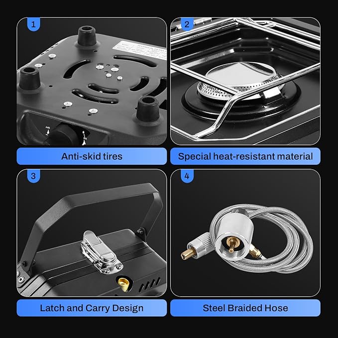 Adjustable 2-Burner Portable Stove with 16000 BTU, with Camping Grill and Carrying Bag, Portable Propane Camp Stove with 2 Burners & Piezo Ignition for Camping, Backyard BBQ,Tailgating (Black)
