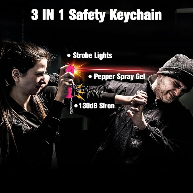 3-in-1 Personal Alarm with Pepper Spray for Women Self Defence, Defense Key Chain for Safety Protection, Gel Refillable, 140dB Siren, Strobe Light, Dorm Room Essentials for College Student Girls