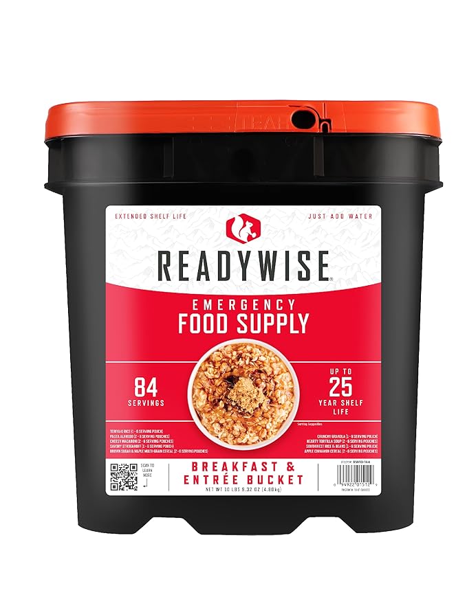 ReadyWise Emergency Food Supply - 84 Servings Breakfast & Entrée Bucket, Protein Meals, Dehydrated & Freeze Dried Food for Backpacking, Camping Essentials & Prepping Supplies, up to 25 Year Shelf Life